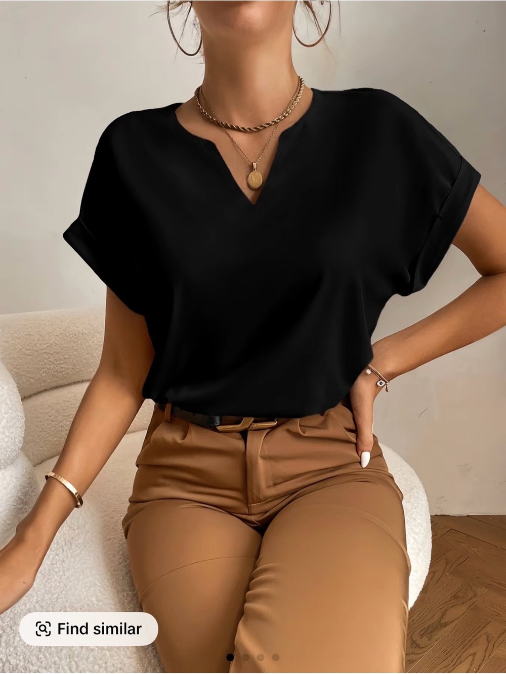 Sleek Black Notch-Neck Short Sleeve Blouse